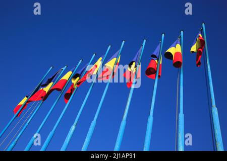 Nationalflagge von Rumänien, fotografiert in Cluj, Siebenbürgen, Rumänien  /  National flag of Romania photographed in Cluj, Transylvania, Romania  (A