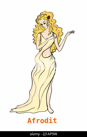 Greek mythology Gods, Aphrodite,illustration ,white background,line drawing. Stock Photo