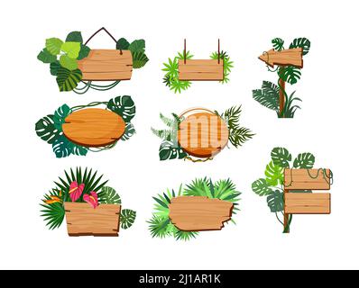 Jungle wooden boards set. Signpost panels with green tropical leaves, pointers and signs with copy space for text. Vector illustration for realistic o Stock Vector