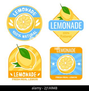 Lemonade badges design set. Labels with lemon fruit and text. Flat vector illustration for tags and stickers template, fresh natural juice or summer d Stock Vector