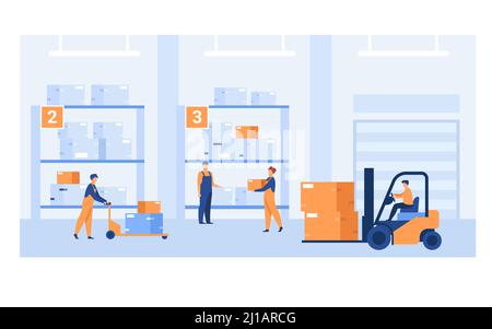 Logistic workers carrying boxes with loaders in warehouse. Couriers wheeling carts with cargo, riding forklift with packages among hangar shelves. For Stock Vector