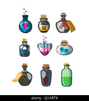 Magic potion bottles flat icon set. Cartoon fantasy vials with poison, antidote, elixir isolated vector illustration collection. Alchemy and chemistry Stock Vector