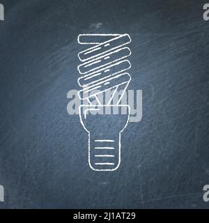 Energy saving light bulb icon sketch on chalkboard. Spiral lamp linear symbol - chalk drawing on blackboard. Stock Vector