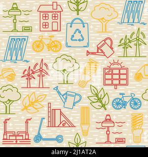 Bright seamless pattern with energy and ecology symbols in thin line style. Stock Vector