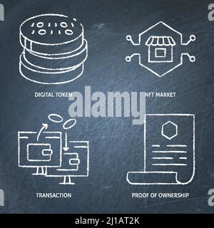 Chalkboard digital money icon set. Transactions, NFT market, contract symbols. Vector illustration. Stock Vector