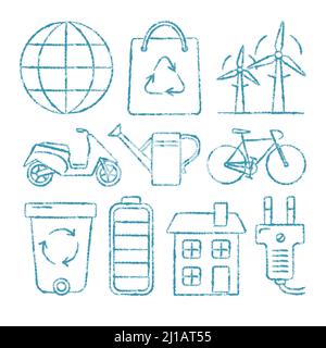 Collection of ecology icons in sketch style. Hand drawn ecological symbols isolated on white background. Stock Vector