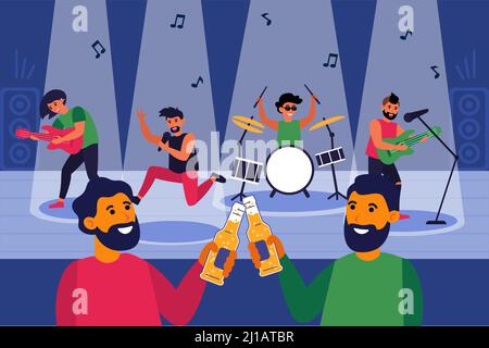 Male friends drinking beer in nightclub. Bearded men toasting bottles at live concert flat vector illustration. Male leisure concept for banner, websi Stock Vector
