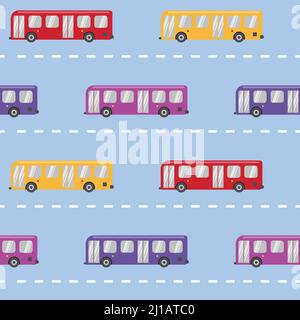 Seamless pattern with colorful buses in flat style on the road Stock Vector