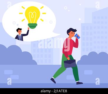 Man getting idea while drinking coffee on way to work. Businessman walking in morning flat vector illustration. Coffee and caffeine concept for banner Stock Vector