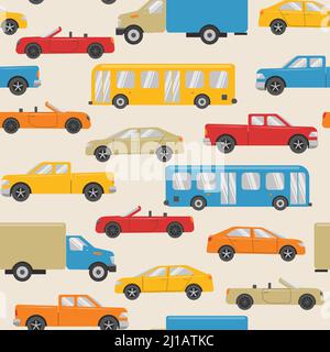 Seamless pattern with urban transport in flat style. Colorful cars, trucks and buses. Stock Vector