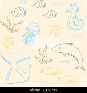 Colorful seamless pattern with doodle sea animals Stock Vector