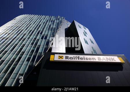 City Gate Towers, Turnurile Portile Orasului, are two class A office buildings located in Bucharest, Romania, Bankgebäude der Raiffeisenbank Bukarest, Stock Photo