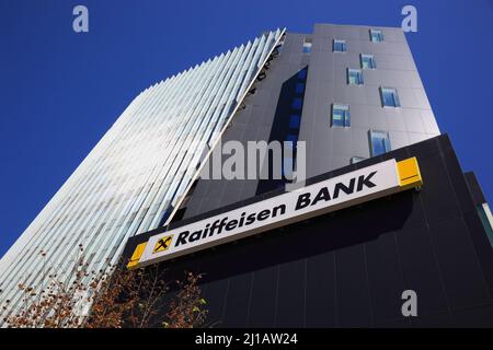 City Gate Towers, Turnurile Portile Orasului, are two class A office buildings located in Bucharest, Romania, Bankgebäude der Raiffeisenbank Bukarest, Stock Photo