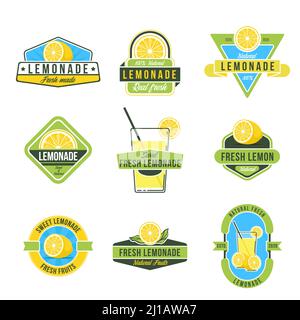 Natural lemon juice flat labels set. Rustic design for lemonade tags and fresh juice stickers vector illustration collection. Organic food and summer Stock Vector