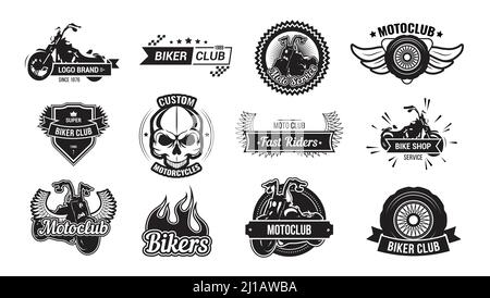 Motorcycle riders club emblem set. Monochrome logo templates with fast sport motor bikes, skull, wheels, wings. Flat vector illustration for biker clu Stock Vector