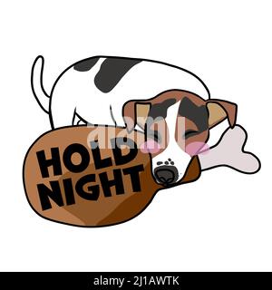 Jack Russell Terrier dog sleeping on big chicken leg hold night cartoon vector illustration Stock Vector