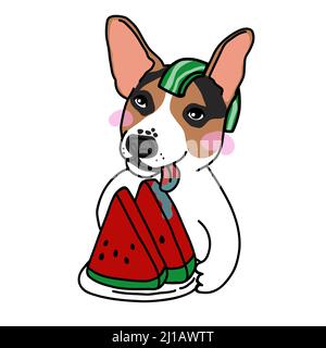 Jack Russell dog want to eat watermelon cartoon vector illustration Stock Vector