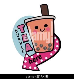 Bubble tea here logo vintage style cartoon vector illustration Stock Vector