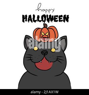 Halloween black fat cat with pumpkin monster on head cartoon vector illustration Stock Vector