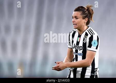 Turin, Italy. 23 March 2022. Cristiana Girelli of Juventus FC gestures during the UEFA Women's Champions League quarter final first leg football match between Juventus FC and Olympique Lyonnais. Credit: Nicolò Campo/Alamy Live News Stock Photo