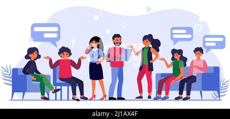 People asking questions to businesspeople. Clients sitting in lobby and talking to managers flat vector illustration. Client work concept for banner, Stock Vector