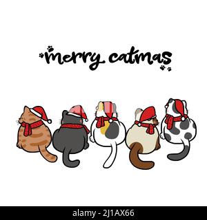 Cats gang wear Santa hat Merry Catmas cartoon vector illustration Stock Vector