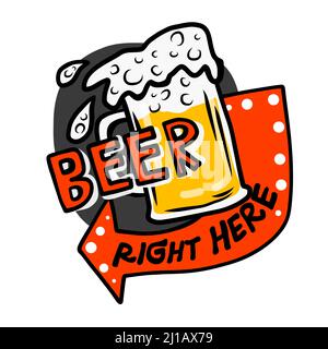 Beer right here logo vintage style cartoon vector illustration Stock Vector
