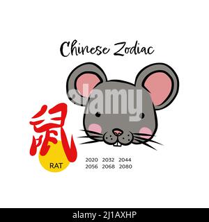 Rat Chinese zodiac with Chinese word mean rat cartoon vector illustration Stock Vector