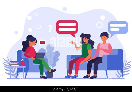 People talking and arguing. Woman with laptop receiving message and ignoring her talk partners flat vector illustration. Communication problem concept Stock Vector