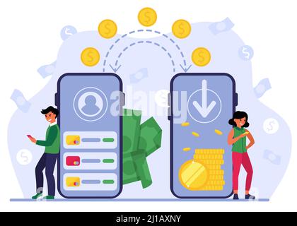 People using mobile bank for remittance of money. Man and woman with smartphones sending coins to each other. Vector illustration for cashless transac Stock Vector