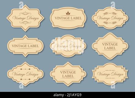 Retro craft labels set. Text samples in traditional frames, vintage tags with borders in Victorian style. Can be used for wedding invitation card desi Stock Vector