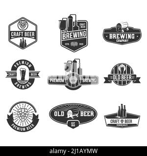 Retro beer flat badges set. Craft, brewing, premium, old beer logos and emblems for pub, isolated vector illustration collection. Oktoberfest and alco