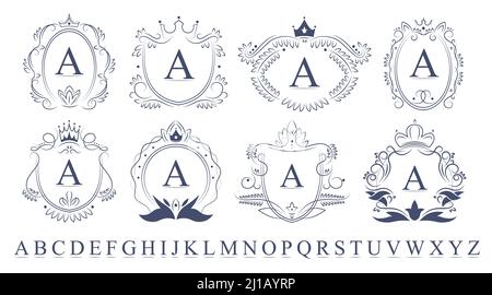 Retro ornate monogram emblems set. Vintage luxury elements with swirls, vignette, royal crowns and wreath. Vector illustrations for alcohol bottles or Stock Vector