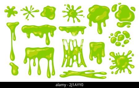 Slime splashes set. Green blobs of mucus or goo. Flat vector illustration, liquid abstract shapes isolated on white background Stock Vector
