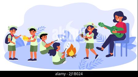 Scouts group leader playing guitar. Children wearing uniform, bonfire, camping flat vector illustration. Vacation, exploration, music concept for bann Stock Vector