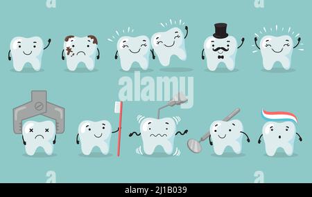 Teeth care set. Tooth cartoon character suffering from cavity. Sad or happy shiny teeth, dentist tools, toothbrush, dental care. Flat vector illustrat Stock Vector