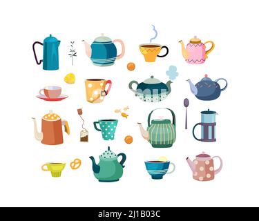 Teapots and cups set. Ceramic dish, crockery, porcelain, spoons, cups and mugs for tea. Vector illustrations for kitchen, drinking tea, beverage conce Stock Vector