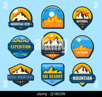 Snow mountains flat labels set. Hiking emblems and tourism logo vector illustration collection for design. Landscape, nature, park, recreation and exp Stock Vector