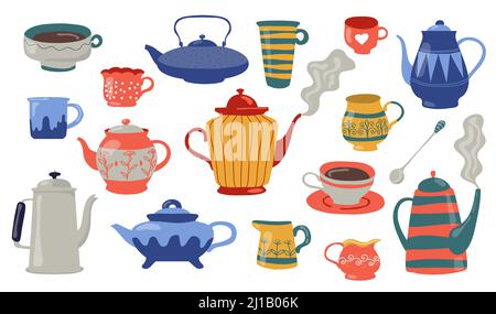 Teapots and cups flat icon set. Cartoon colorful ceramic, porcelain or metal home kitchenware isolated vector illustration collection. Kitchen, cookin Stock Vector