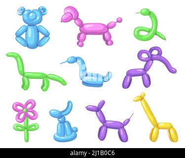 Various air balloon animals flat icon set. Cartoon cute dog, flower or toy with helium for children isolated vector illustration collection. Party and Stock Vector