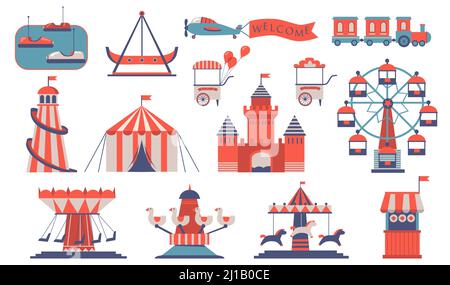 Various amusements and carousels flat icon set. Cartoon city funfair and playground for children isolated vector illustration collection. Fair and ent Stock Vector