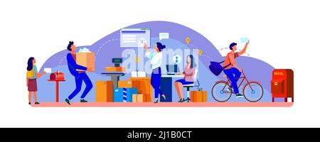 People working at post office flat vector illustration. Shipping and delivery service concept. Mail and parcels delivery cycle. Work process inside vi Stock Vector