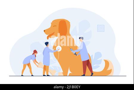 Tiny doctors caring dog in vet office flat vector illustration. Modern animal clinic or hospital. Animals, pets and veterinary service concept Stock Vector