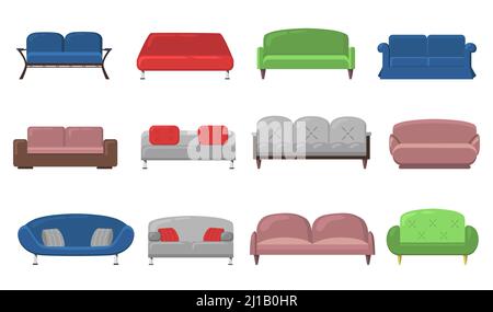 Various modern sofas and couches flat icon set. Front view of comfortable luxury divans for lounge, office, apartment or room vector illustration coll Stock Vector