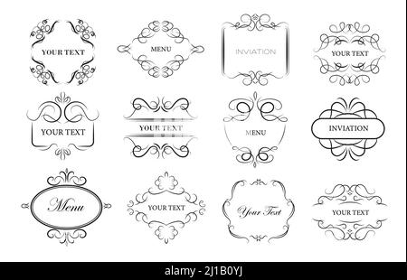 Vintage ornament frames set. Ornate decor elements with swirls and vignette, calligraphic text samples. Vector illustrations for elegant borders in cl Stock Vector