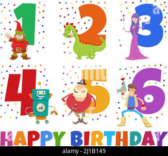 Cartoon illustration design of the birthday greeting cards set for children with fantasy characters Stock Vector