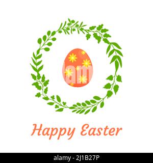 Easter greeting with green herbal wreath around single peach color egg with yellow daisies. Clean and simple, minimalistic retro style vector design f Stock Vector