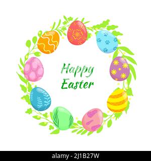 Easter greeting with green wreath and various colorful eggs with patterns. Cartoon vector design for greeting card, label, flyer, poster Stock Vector