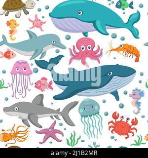 Marine life, pattern, sea animals and fish, various poses and situations, drawing, vector, images, cartoon Stock Vector