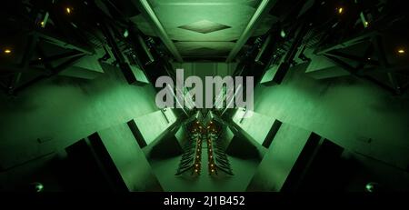 Modern Futuristic CyberSteampunk Quantum Physics Laboratory Innovative Dark Green Colors Abstract Background Industrial Lab Used For Clubs 3D Illustra Stock Photo